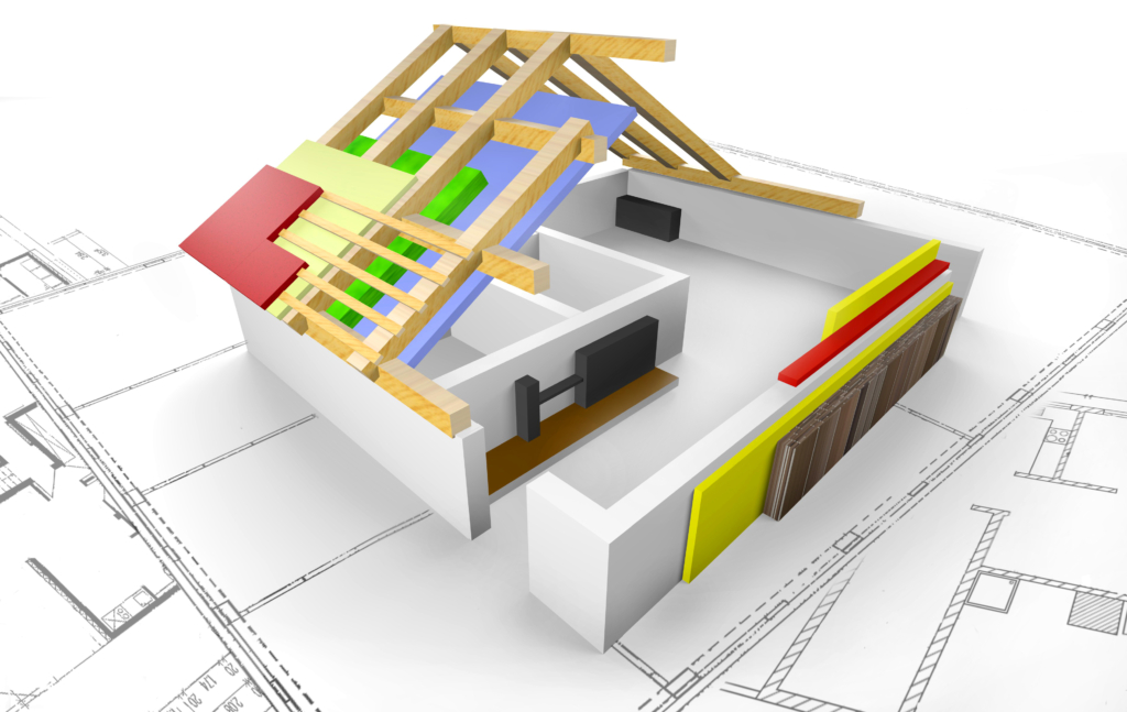 Zeichnung eines Grundrisses mit Dachkonstruktion in 3D